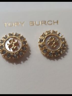 Tory Burch Gold and Clear Crystal Round Logo Stud Earrings